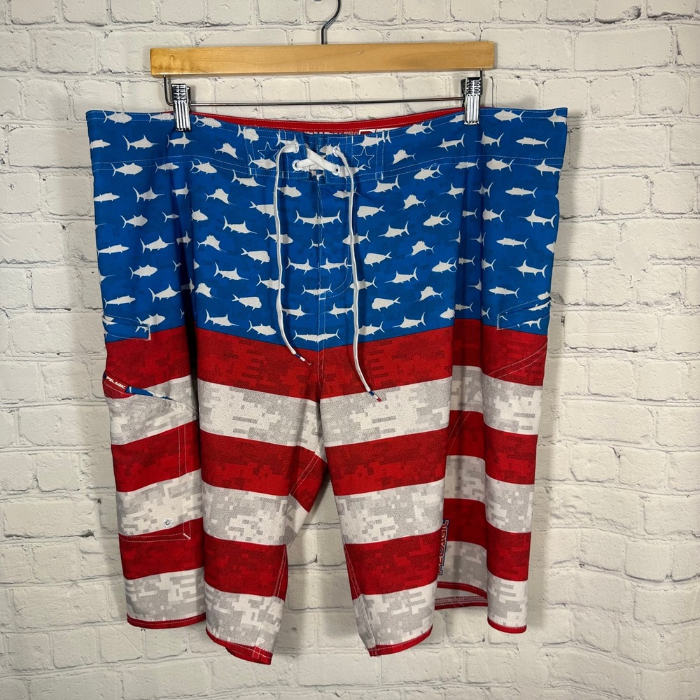 Pelagic Mens Sharkskin Boardshorts American Flag Fish Camo Blue Red White 40